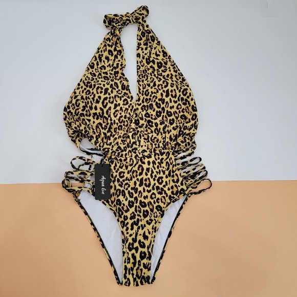 Aqua Eve Women Sexy One Piece Swimsuit Halter Plunge V Neck Cutout  NWT - Picture 4 of 12